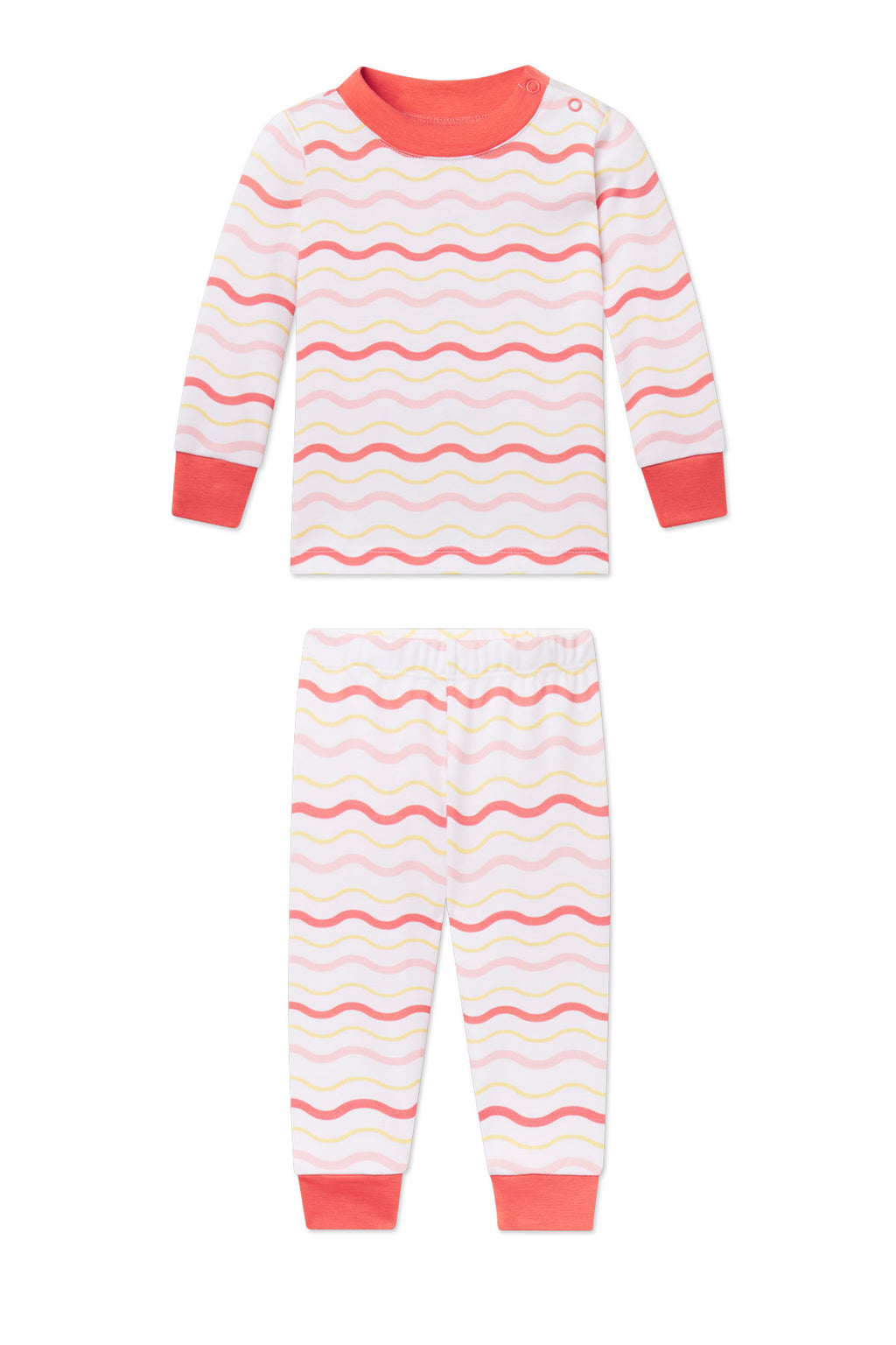 Baby two-piece set with wavy stripe pattern in coral, pink, and yellow with solid coral trim on neckline and cuffs.