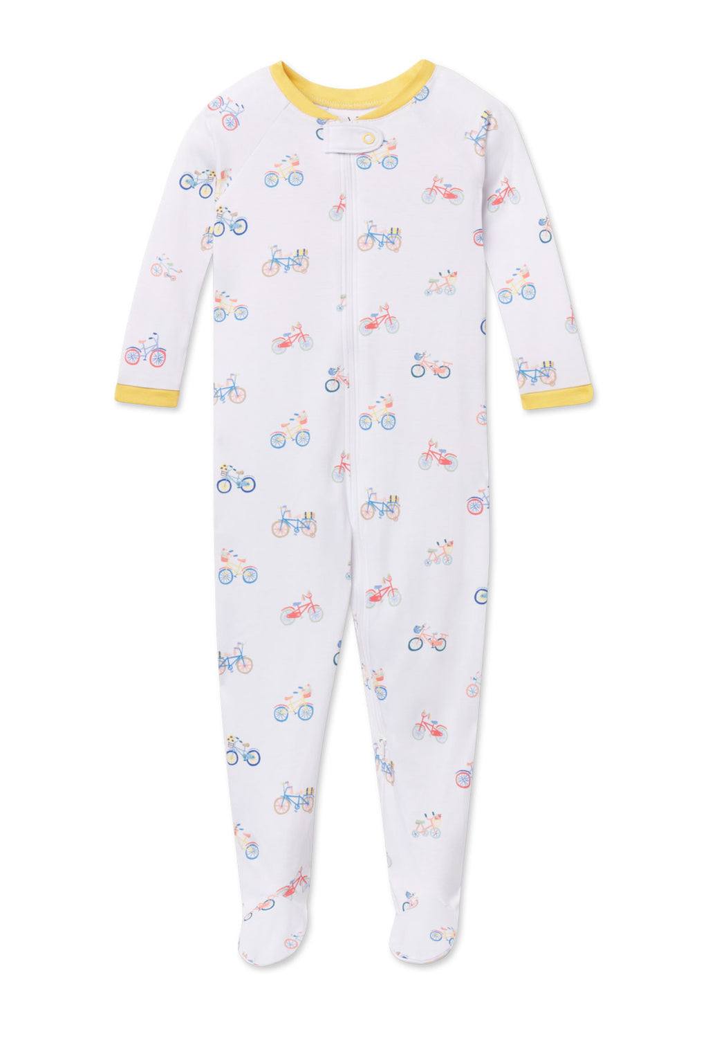 White footie pajamas with yellow trim and all-over red and blue bicycle print.