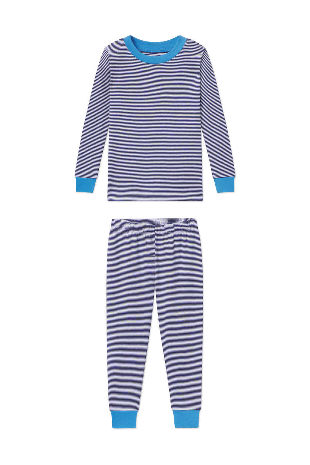 Kids long-sleeve striped pajama set with blue crew neckline, cuffs, and waistband.