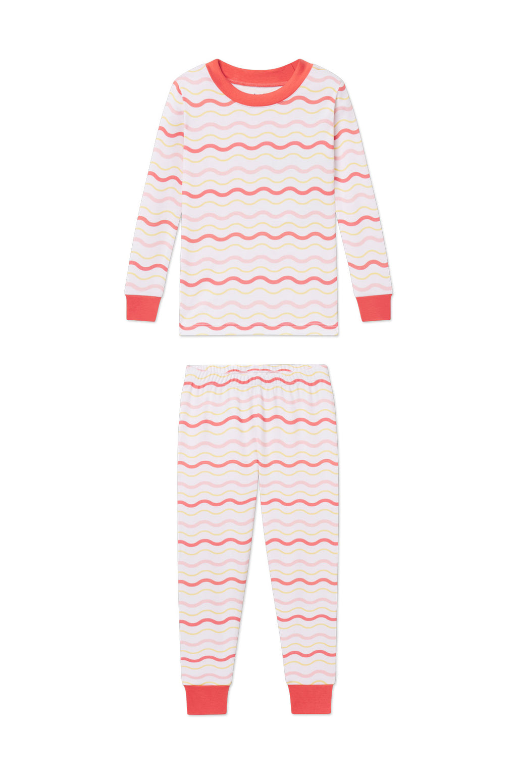 Kids two-piece pajama set with coral, pink, and yellow wavy stripes and solid coral cuffs.