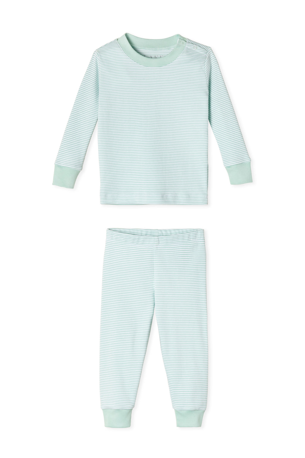 The Baby Long-Long Set in Parisian Green features a light green and white striped, cuffed top and matching pants with cuffed ankles. Made from soft Pima Cotton for extra comfort, perfect for children.