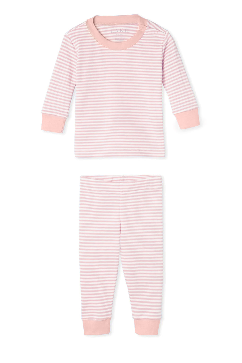 The Baby Long-Long Set in English Rose Stripe features light pink and white stripes, solid pink cuffs, collar, ankle bands, and is crafted from soft Pima Cotton in a cozy long-sleeved top and pants pajama set.