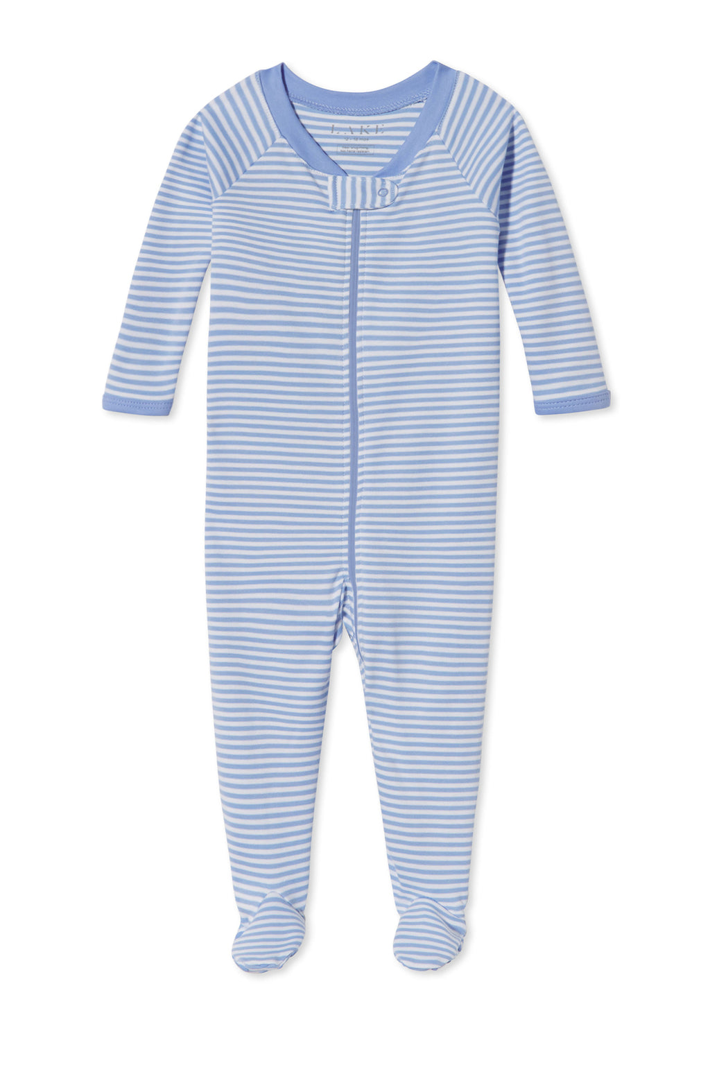 The Baby Sleeper in Hydrangea is a long-sleeved sleeper with blue and white stripes, made from soft Pima cotton. It features solid blue cuffs and neckline plus a dual zipper closure for easy changes.