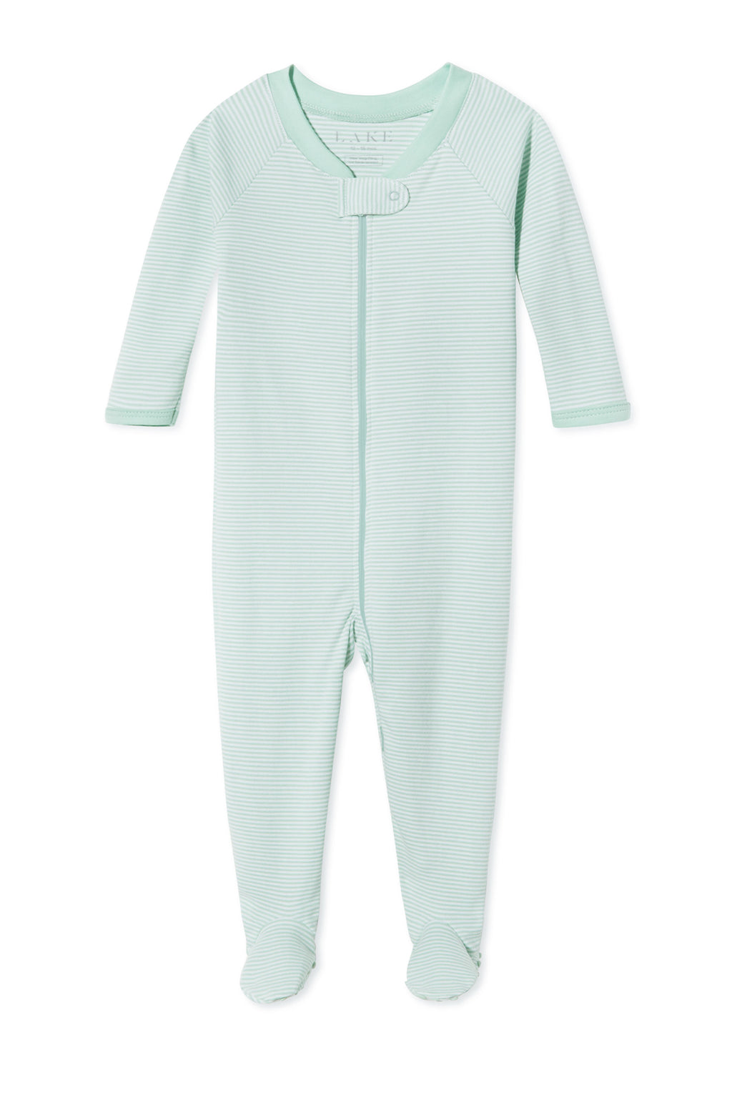 The Baby Sleeper in Parisian Green is a long-sleeve, soft Pima cotton sleeper with subtle thin stripes and a dual zipper closure in a light mint green shade.