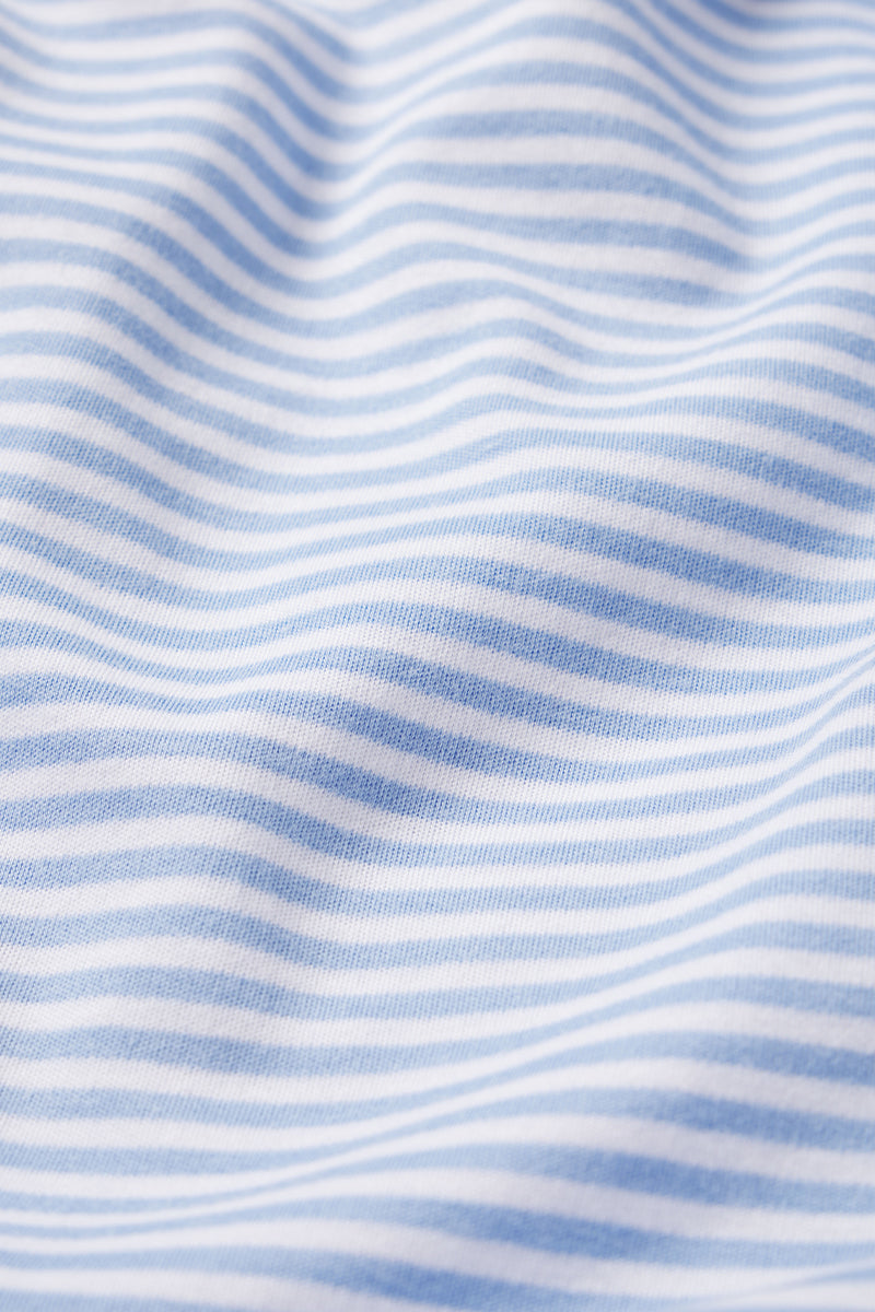 Close-up of light blue and white horizontal stripes on soft Pima cotton fabric, creating gentle waves—ideal for the Pima Maternity Shorts Set in Hydrangea, perfect for cozy nursing or comfortable lounging during pregnancy.