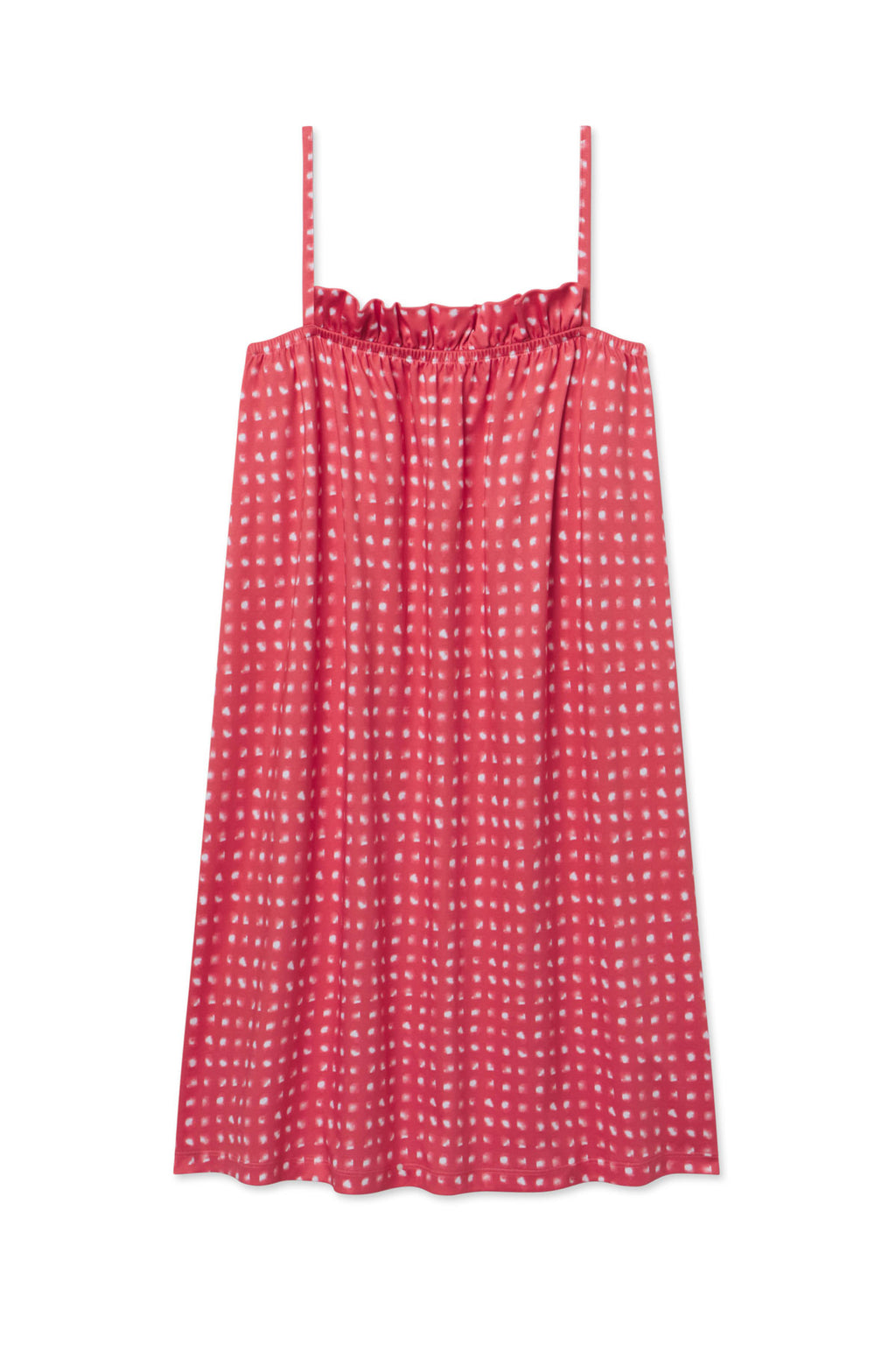 Terracotta and white checked nightgown with ruffled neckline and adjustable shoulder straps.