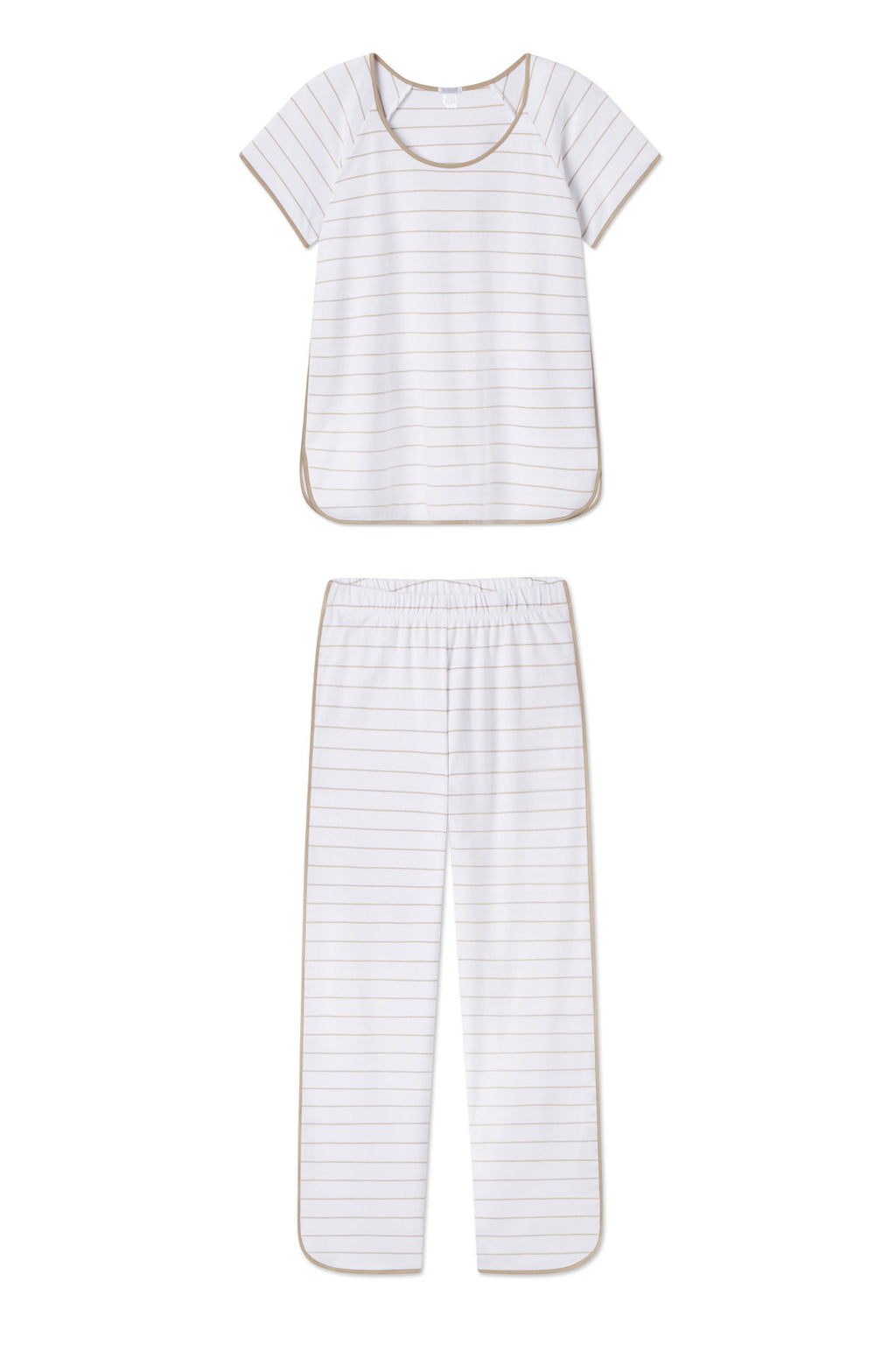 The Pima Short-Long Set in Driftwood Stripe is a two-piece pajama set made from soft Pima cotton, featuring short sleeves and long pants in white with light gray stripes and beige trim.