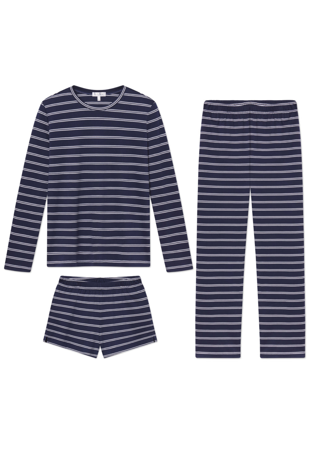 The Pima Crew Long Sleeve Bundle in English Navy Tidal Stripe features navy blue pajamas with white stripes, including a long sleeve crew top, long pants, and matching shorts, displayed flat on a white background.