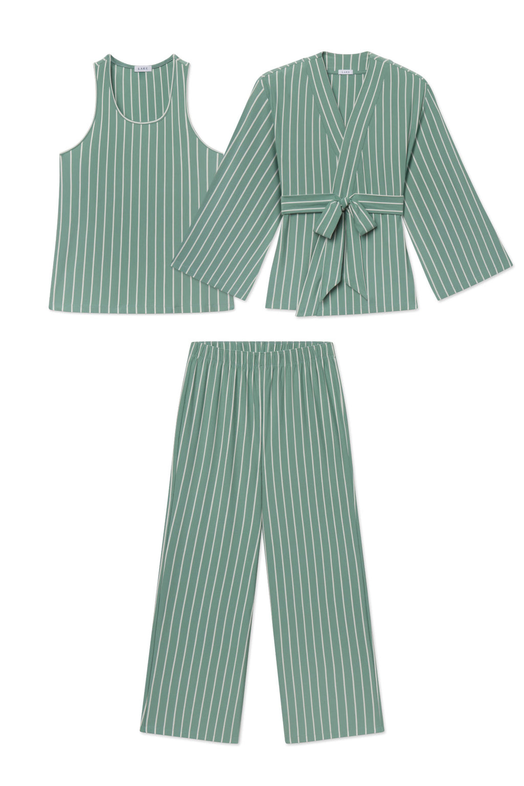 Three-piece boxwood green striped set with sleeveless tank top, wrap kimono jacket with tie belt, and wide-leg pants.