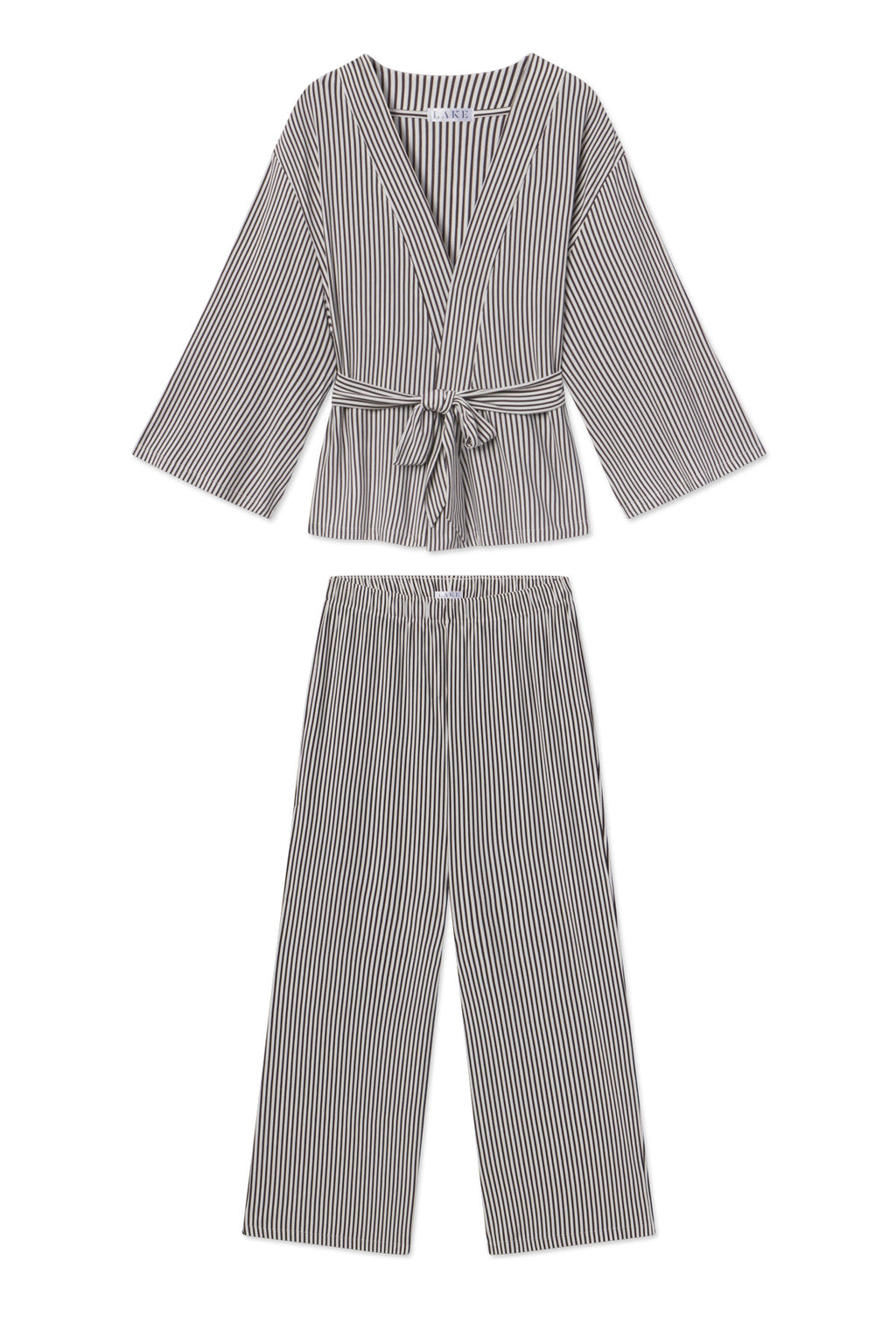 Two-piece kimono pajama set with vertical pencil stripes, wrap top with tie belt and matching wide-leg pants.