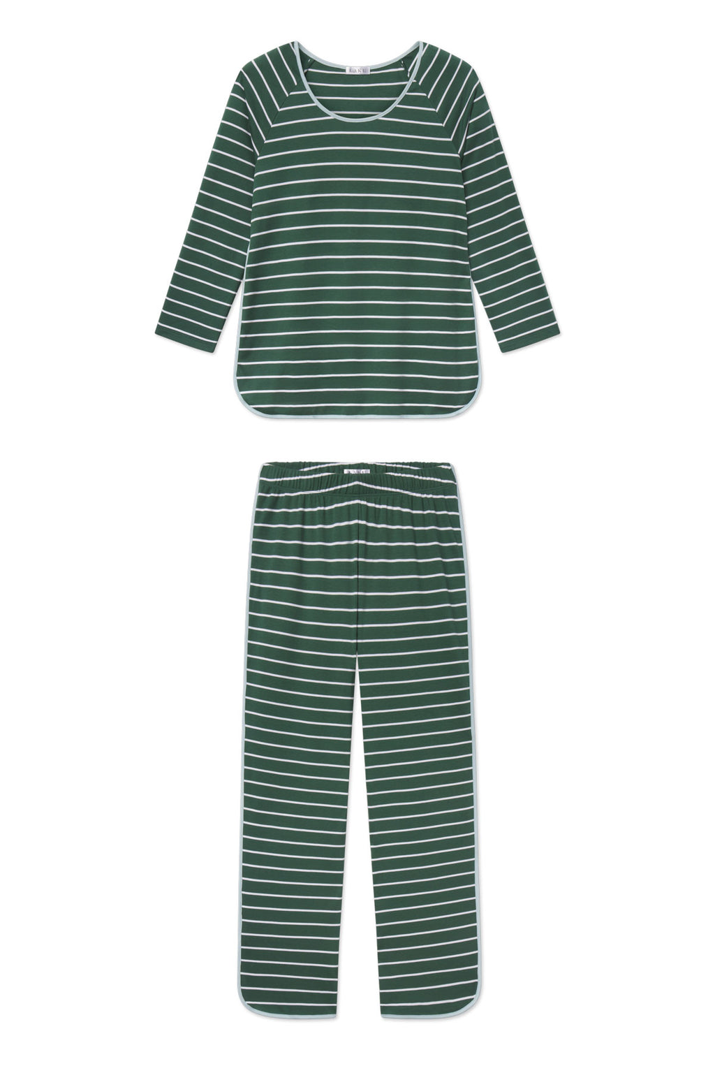 Two-piece pajama set in green and white horizontal stripes with three-quarter sleeve top and long pants.