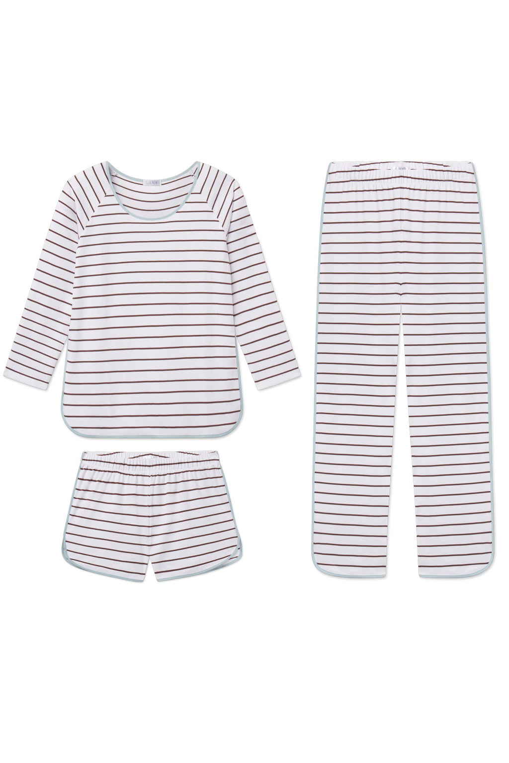 Three-piece Pima cotton pajama set with burgundy and white horizontal stripes including long-sleeve top, shorts, and pants.