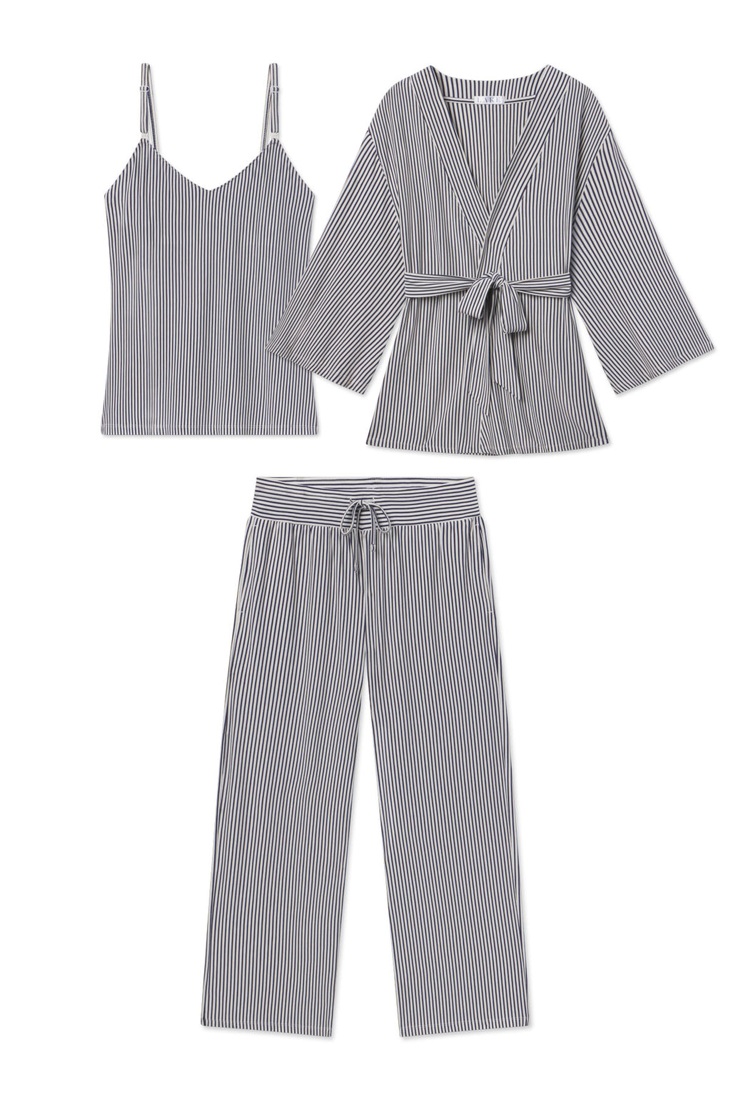 Three-piece maternity set with blue and white vertical stripes: camisole with thin straps, kimono robe with tie closure, and 