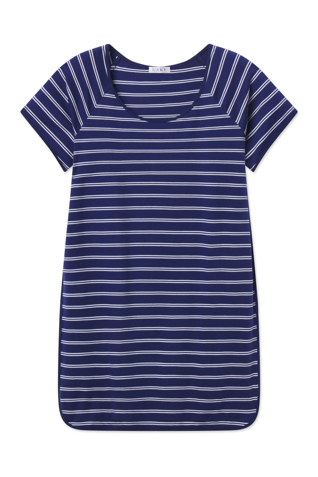 Navy and white striped short-sleeve nightgown with scoop neckline and curved hem.