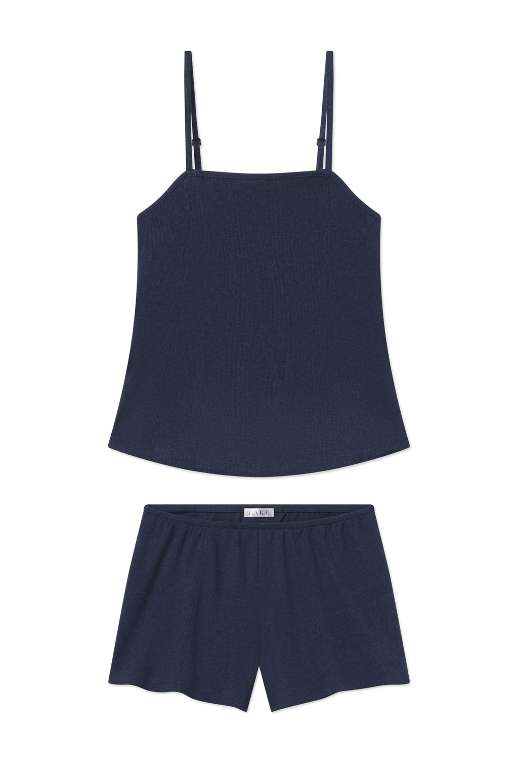 Navy heather ribbed tank top and shorts set displayed flat on white background.