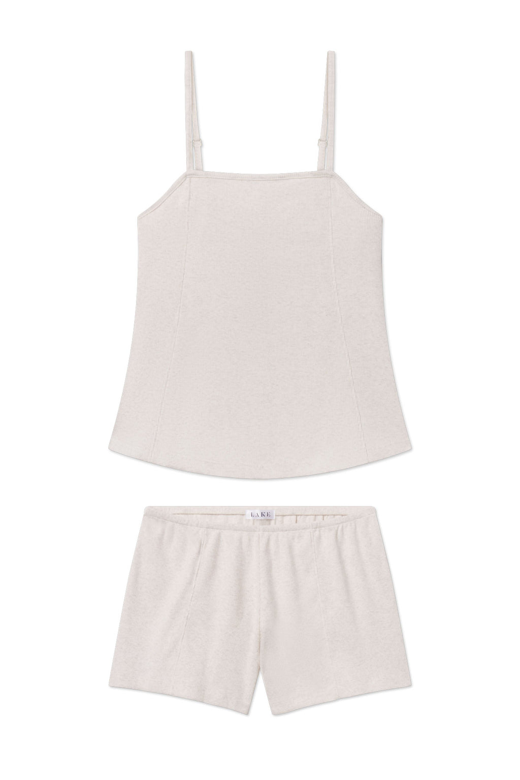 Stone heather ribbed tank top with thin straps and matching elastic-waist shorts.