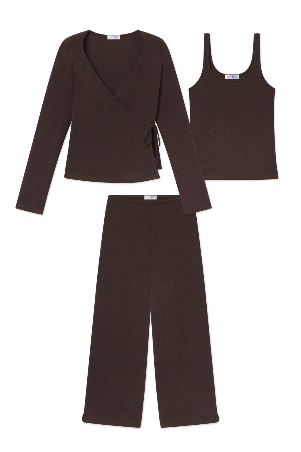 Three-piece cocoa heather ribbed set including wrap top, tank top, and wide-leg pants.