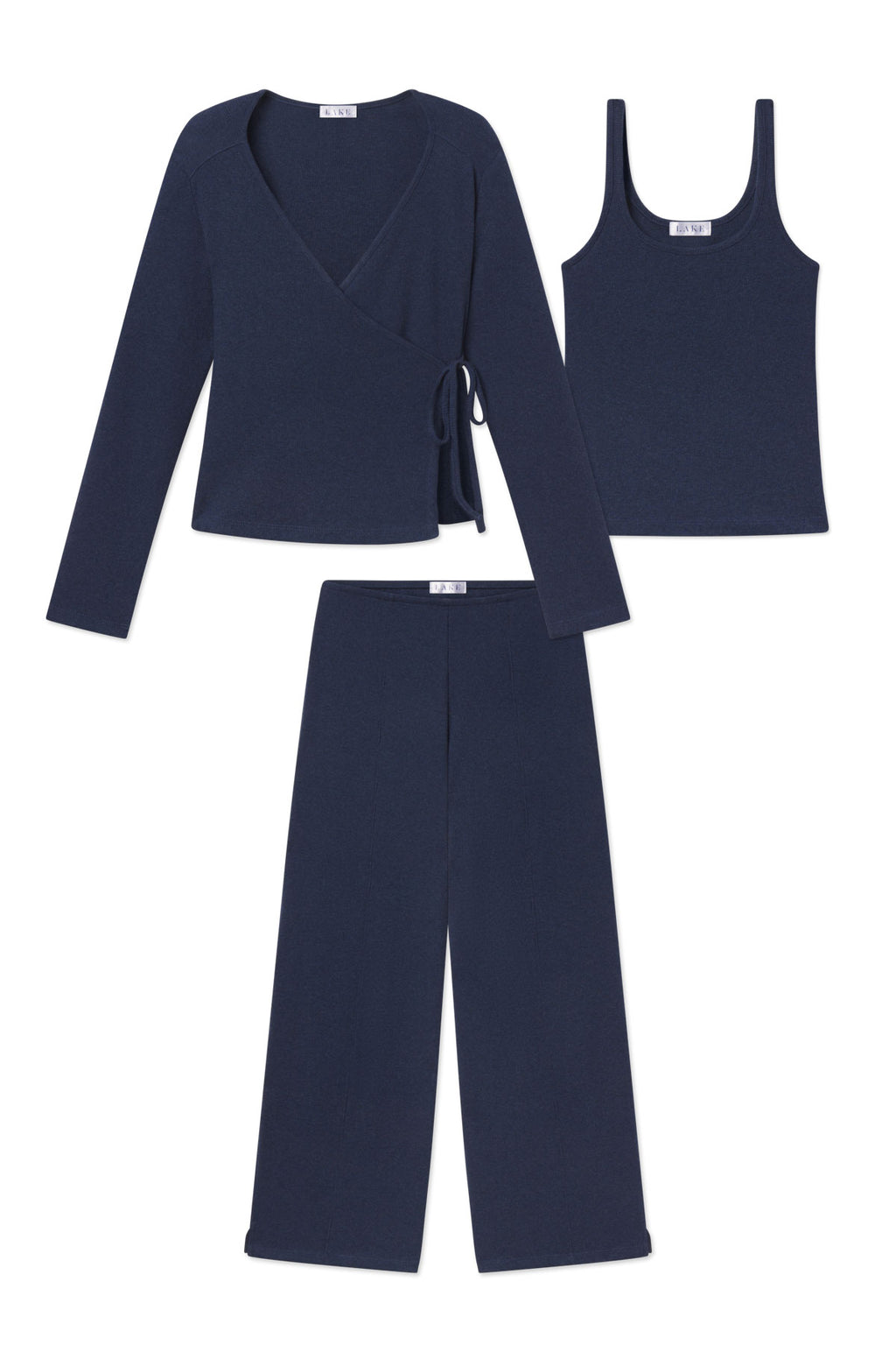 Three-piece navy heather set with wrap top, tank top, and wide-leg pants.
