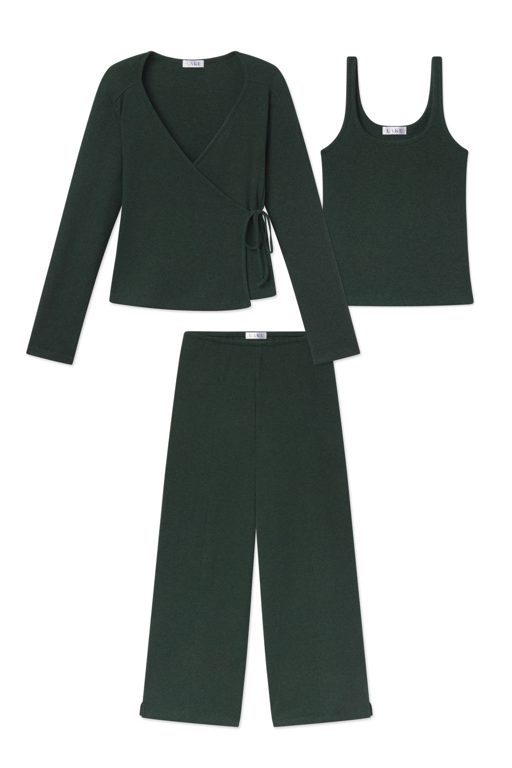 Three-piece set in trekking green heather includes wrap top, tank top, and wide-leg pants.