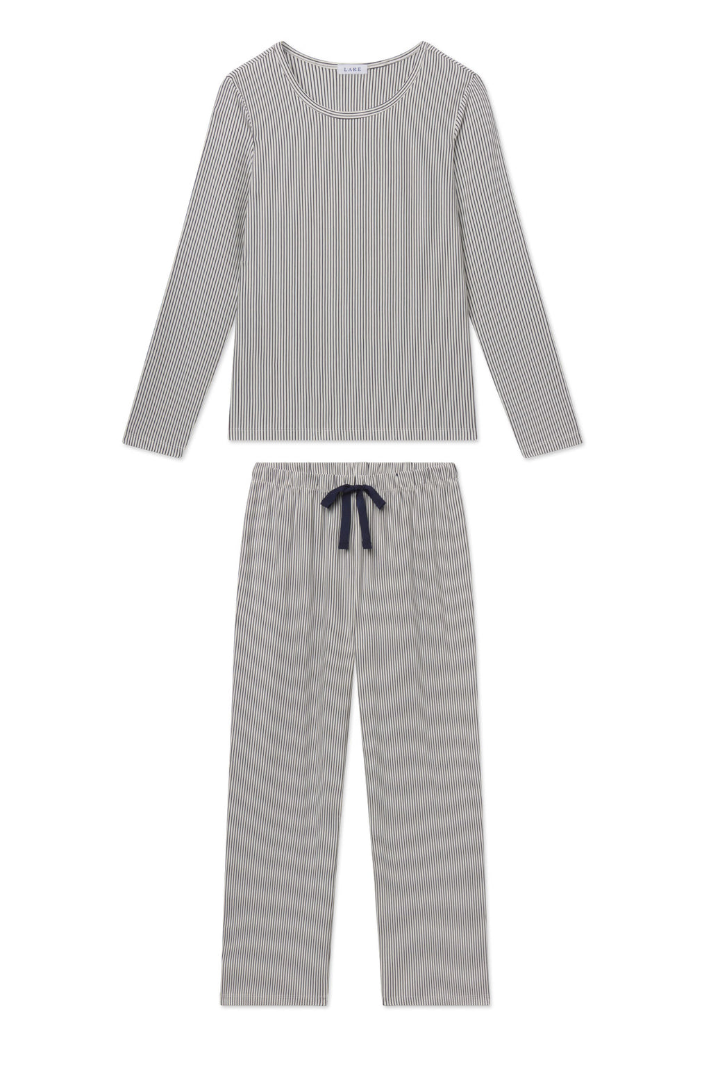 Two-piece pajama set with long-sleeve top and matching pants in navy and white vertical stripe with drawstring waist.