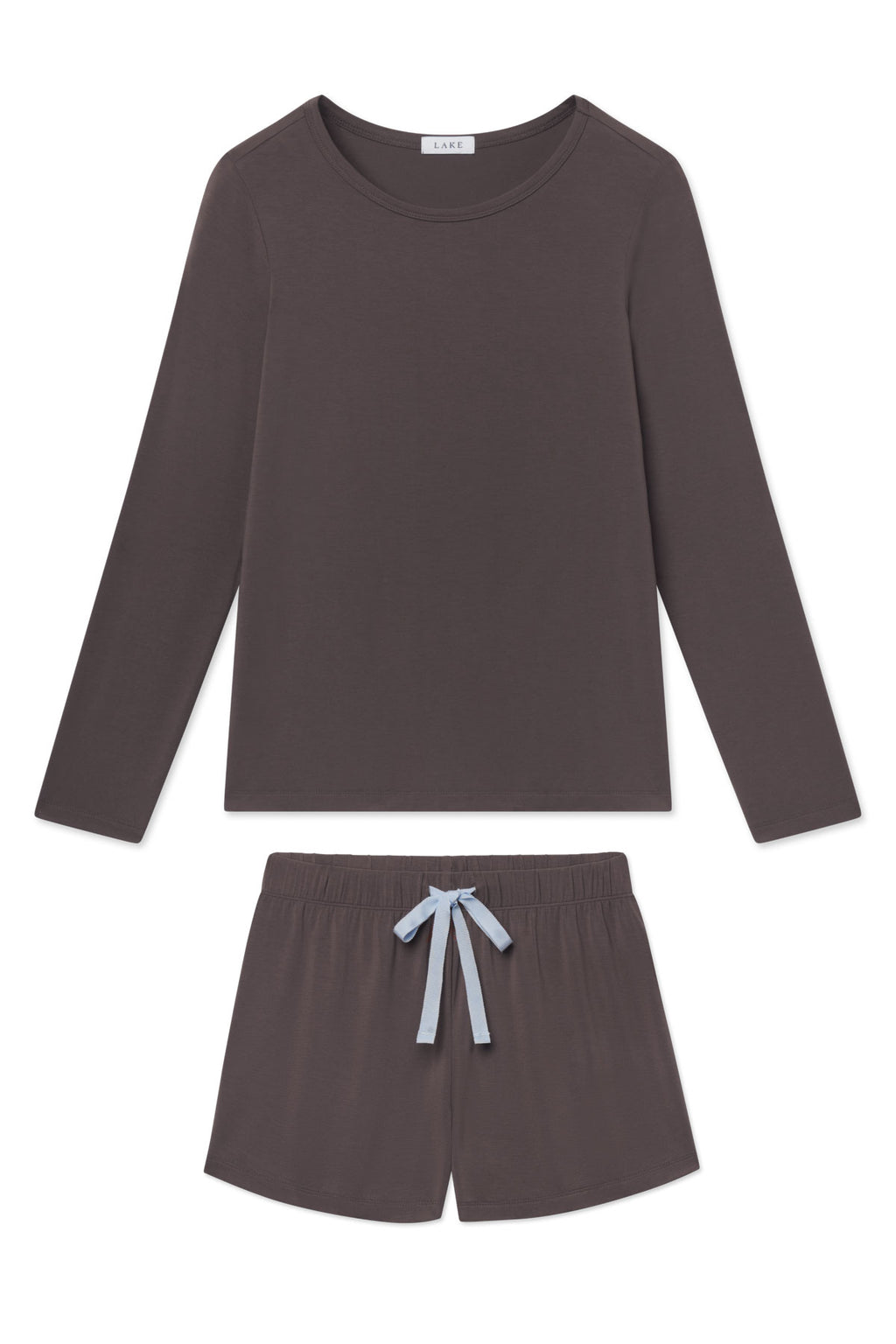 Truffle-colored long-sleeve top and shorts set with light blue ribbon tie detail on shorts.