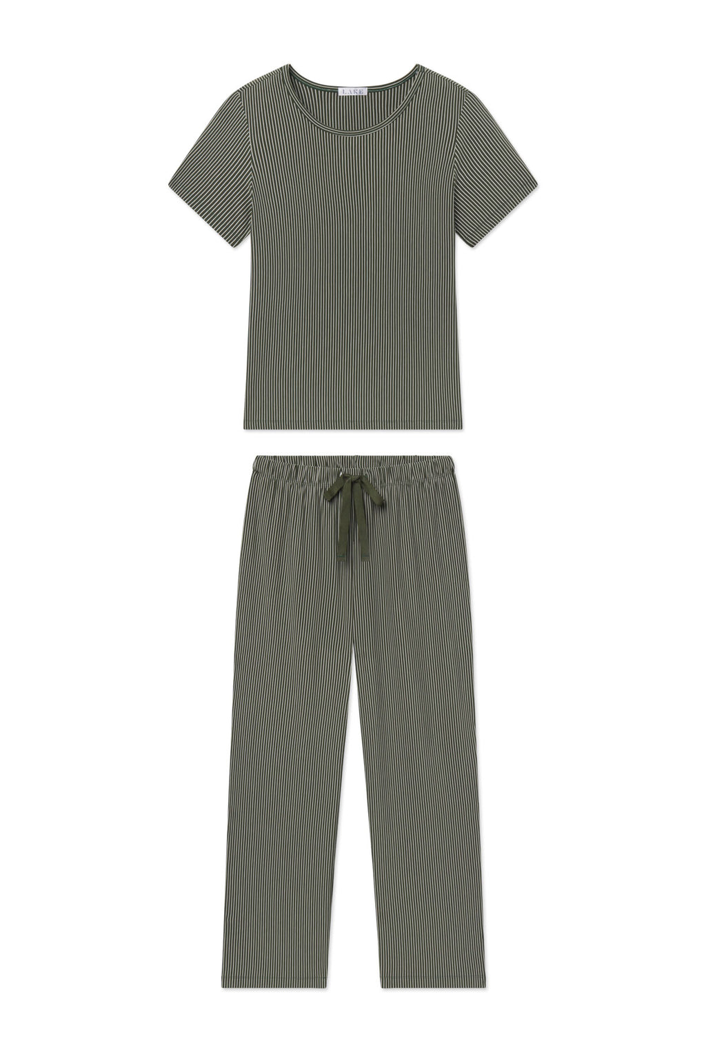 Two-piece pajama set in rosemary green with vertical micro stripes, short-sleeve top and full-length pants with drawstring wa