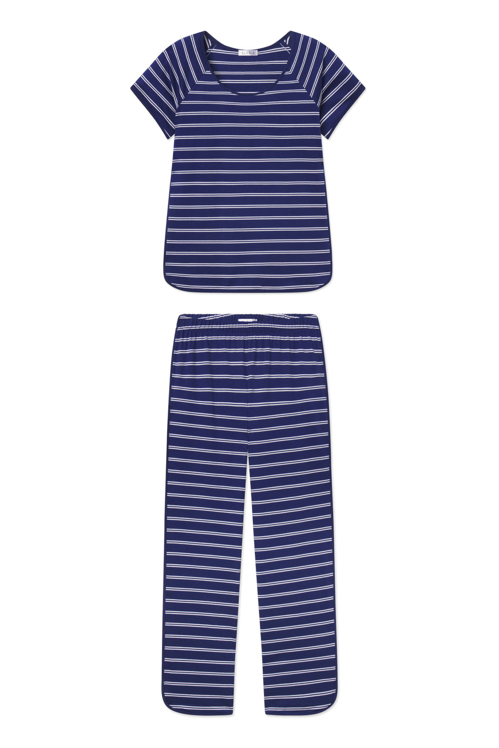 Navy blue striped short-sleeve top and long pants set with horizontal white stripes throughout.