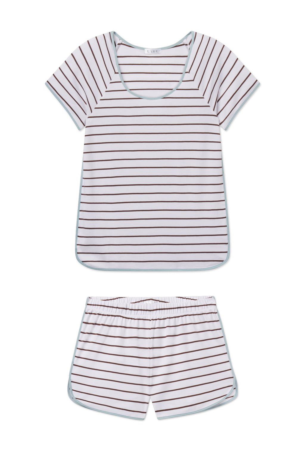 Two-piece set with striped short-sleeve tee and matching shorts in burgundy and white stripes.
