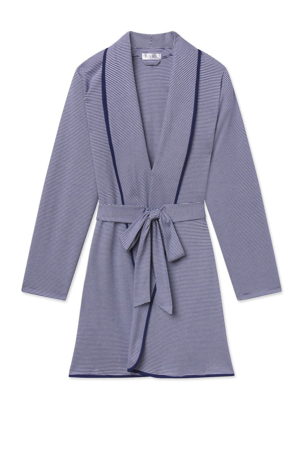 Blue and white striped short robe with long sleeves and tie belt at waist.