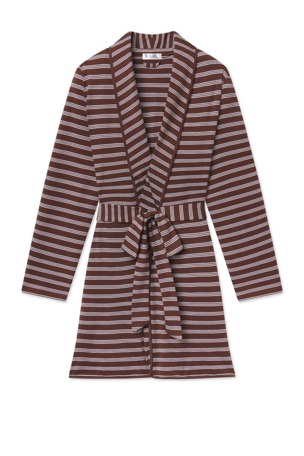 Brown and cream striped short robe with long sleeves and tie waist closure.