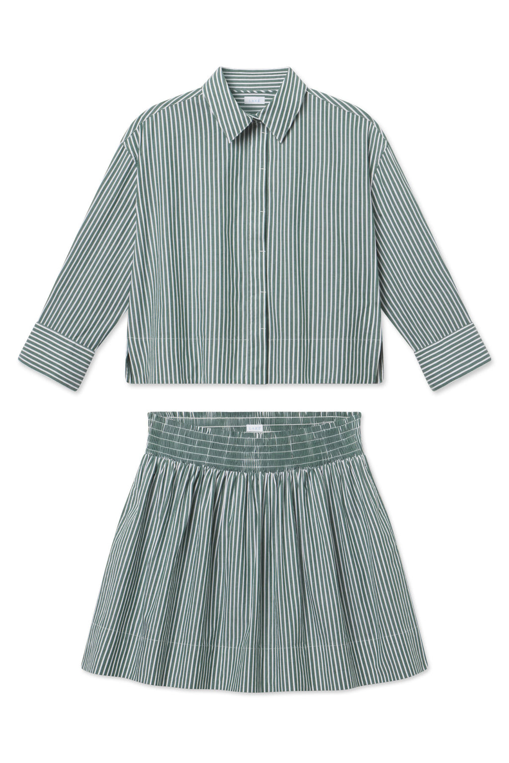Hunter green and white striped button-up shirt with matching pleated skirt set.