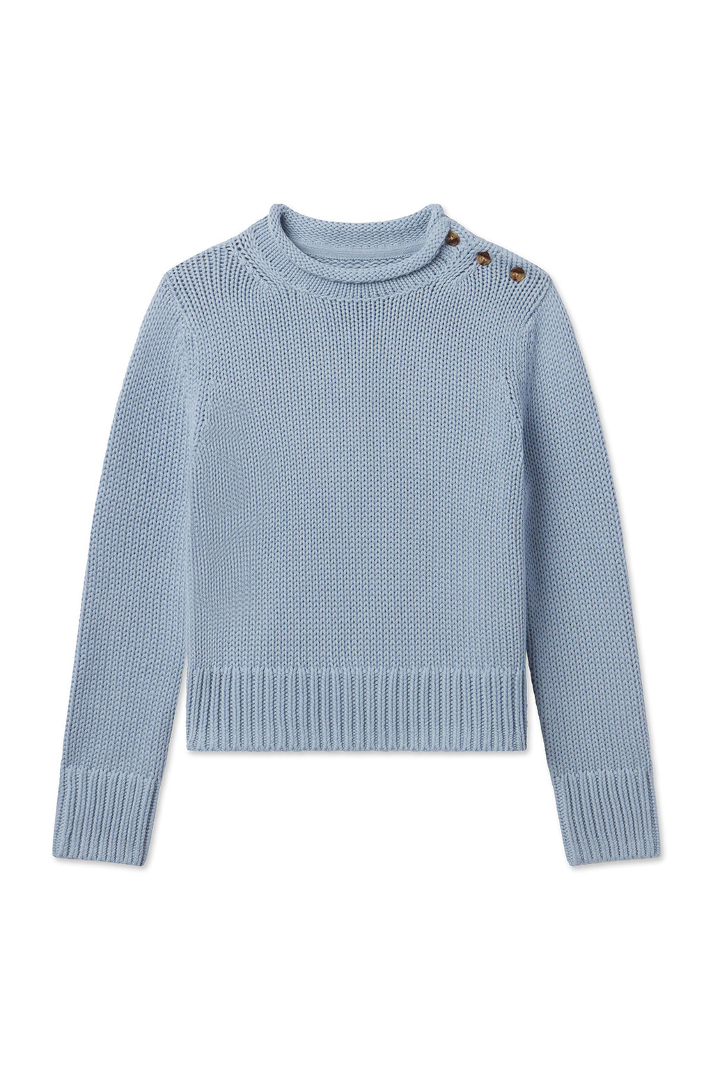 Jane Cotton Sweater in Dusty Blue: 100% cotton, light blue knit with long sleeves, ribbed hem, cuffs, and collar. Features two brown buttons on one shoulder for a stylish detail.