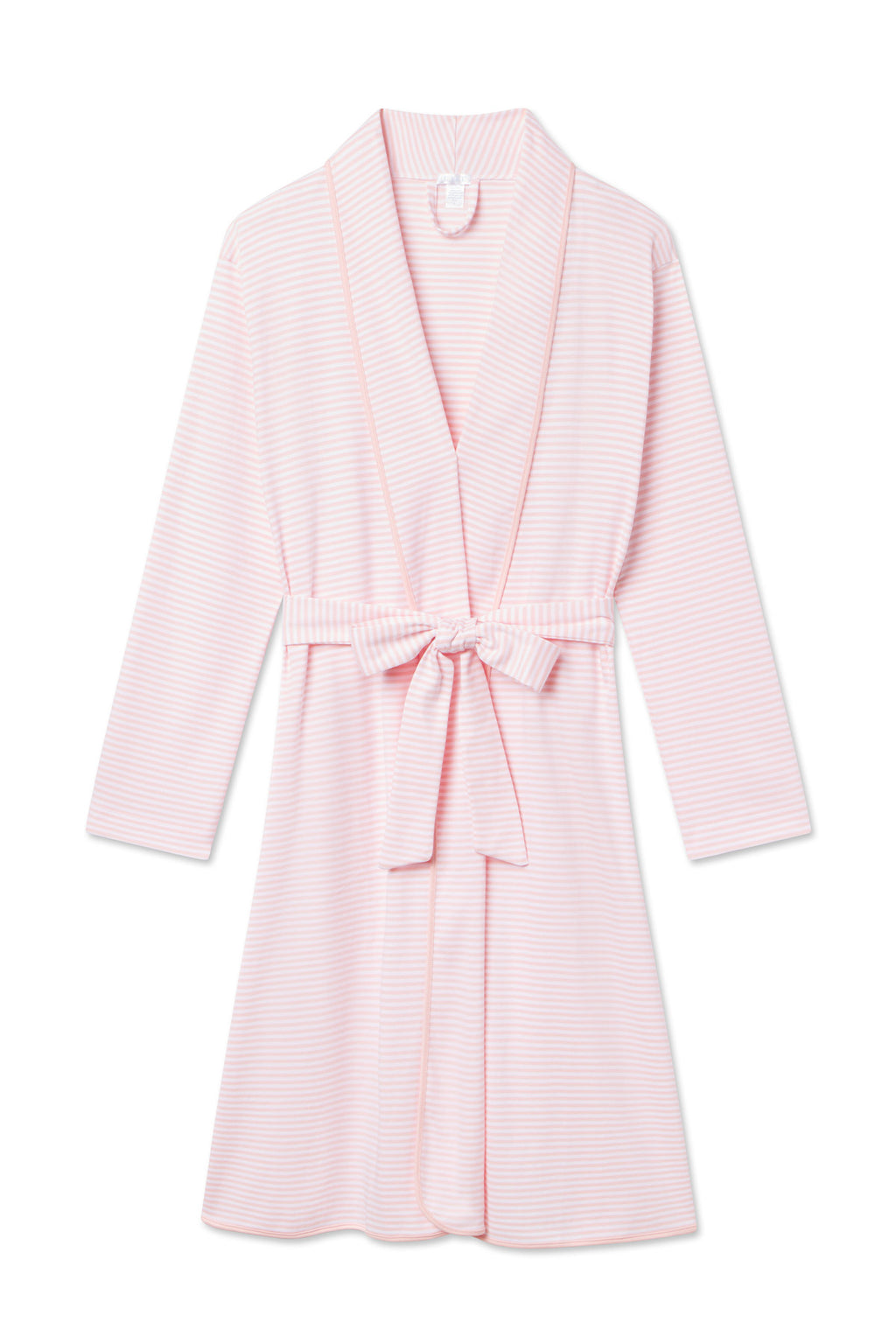 The Pima Robe in English Rose Stripe features a light pink and white thin stripe pattern, long sleeves, a shawl collar, and a matching fabric belt. Made from 100% Pima cotton and displayed flat on a white background.