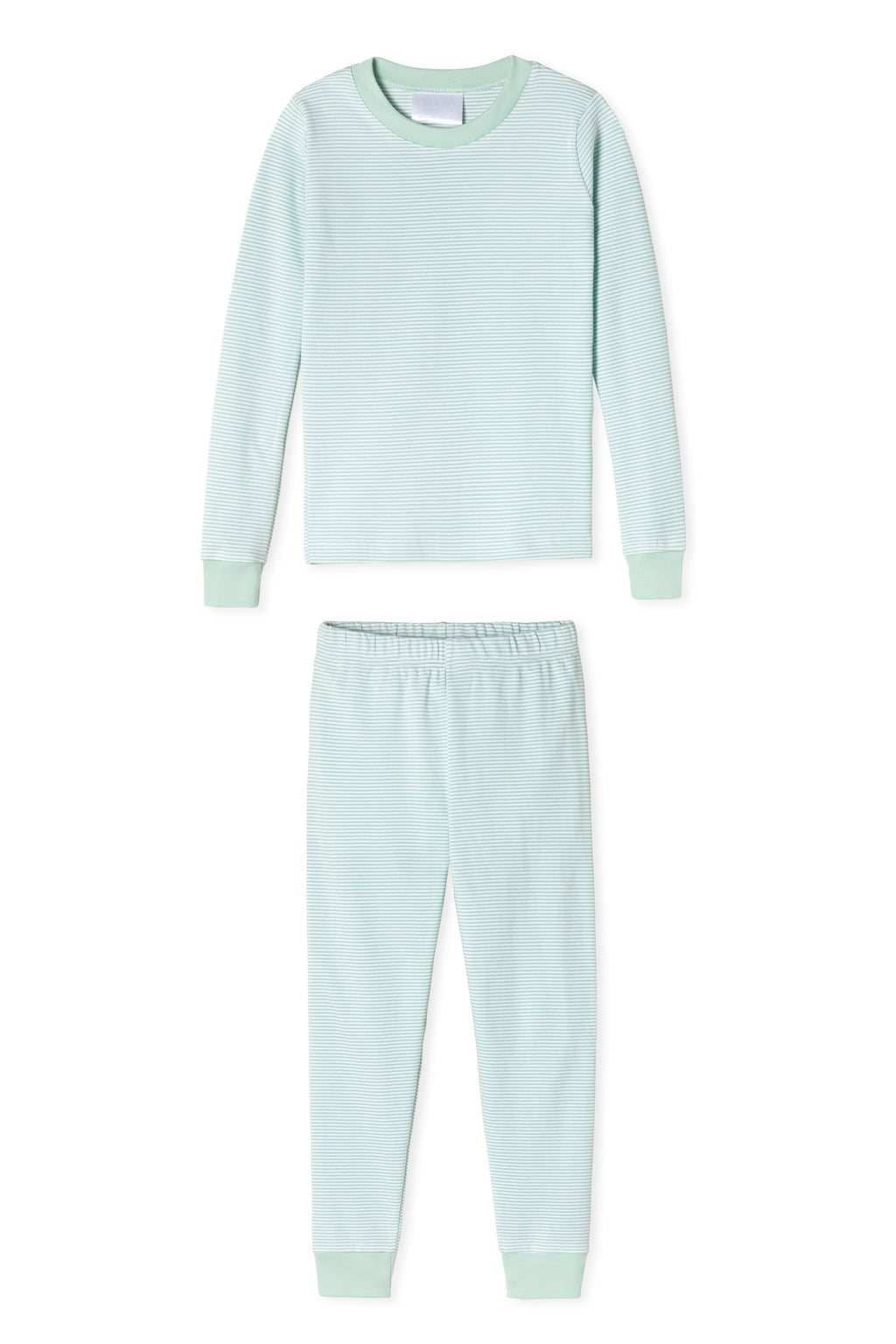 The Kids Long-Long Set in Parisian Green is a soft Pima cotton, light green pajama set with ribbed cuffs and an elastic waistband, shown long-sleeved and laid flat on a white background.