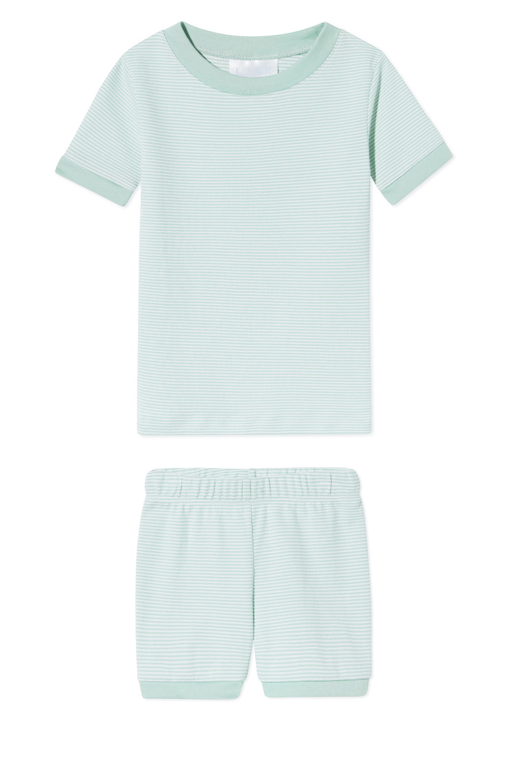 The Kids Shorts Set in Parisian Green features a soft Pima cotton short-sleeve mint green t-shirt and matching shorts with subtle horizontal stripes and solid trim on the sleeves, collar, and hems.