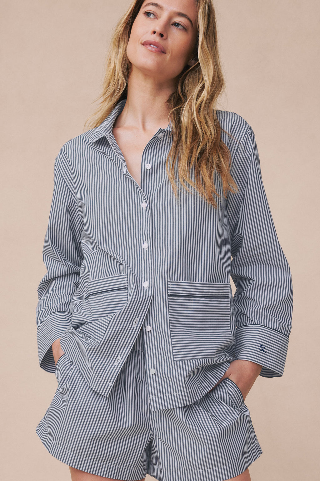 Poplin Piped Long-Short Set in English Navy Riviera Stripe - Main Image 1