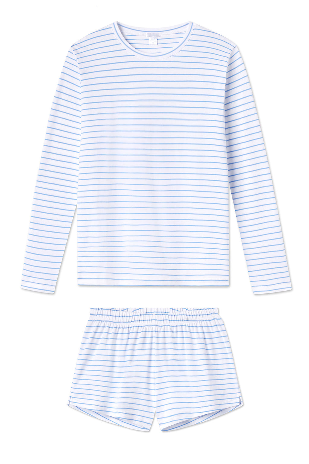 The Pima Crew Long-Short Set in Baltic Blue features a crewneck top and elastic waist shorts, both white with thin light blue stripes, crafted from soft Pima cotton for ultimate comfort.