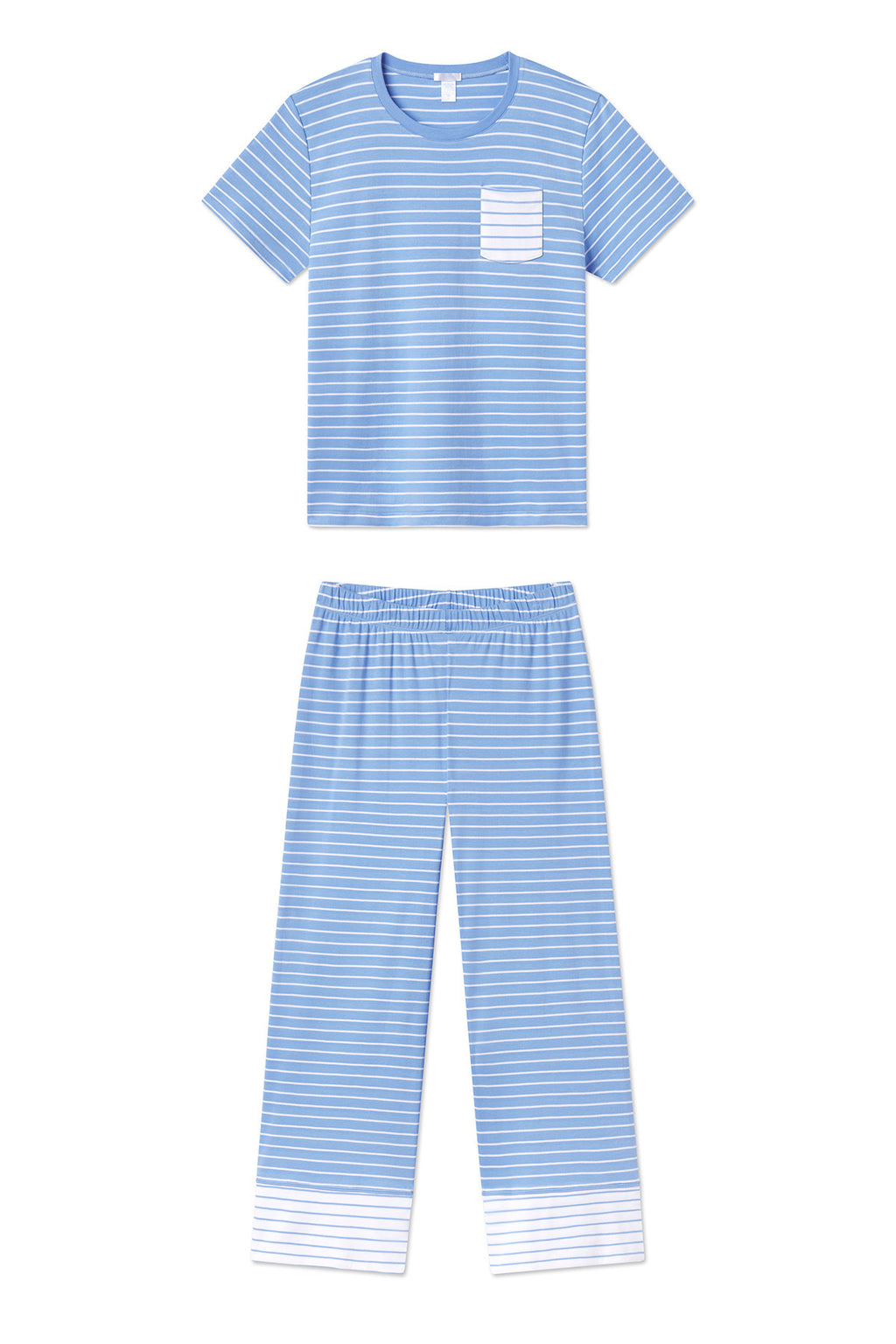 The Pima Crew Wide Leg Pajama Set in Mixed Baltic Blue Stripe is made from 100% Pima cotton and features a short-sleeve top with a chest pocket plus matching wide leg pants with white cuffs and thin blue and white stripes for timeless style.