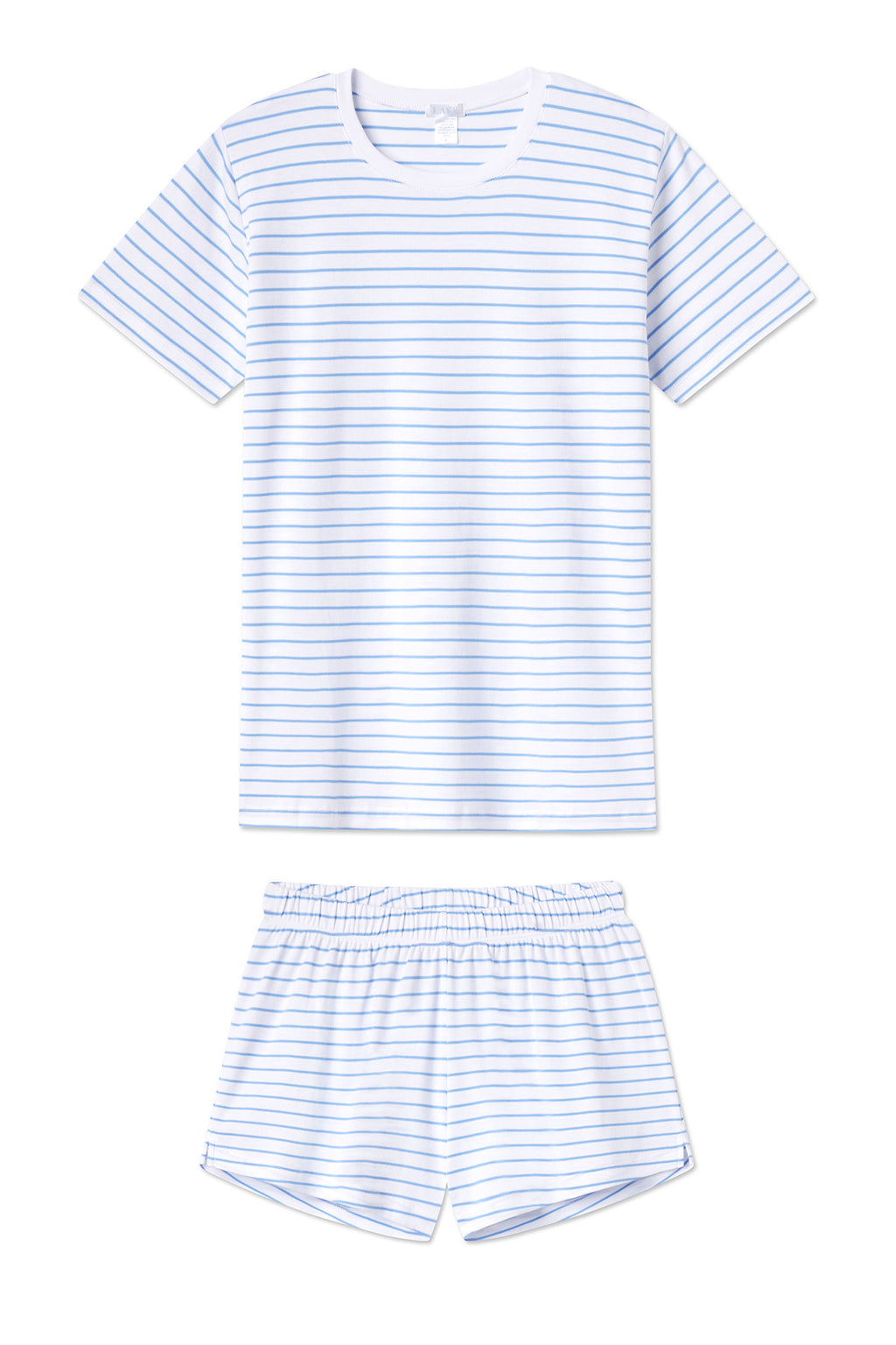 The Pima Crew Shorts Set in Baltic Blue includes a short-sleeve crew neck top and elastic waist shorts, both in white with thin Baltic Blue stripes, crafted from soft Pima cotton for comfort and style.