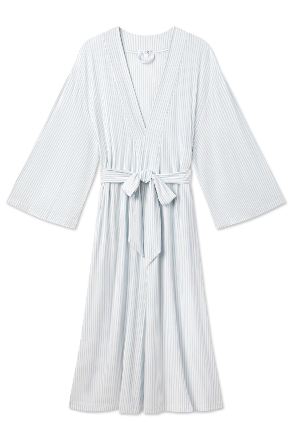 The DreamModal Kimono Robe in Fog features light blue and white stripes, bracelet-length sleeves, and a matching fabric belt at the waist. Shown flat on a white background.