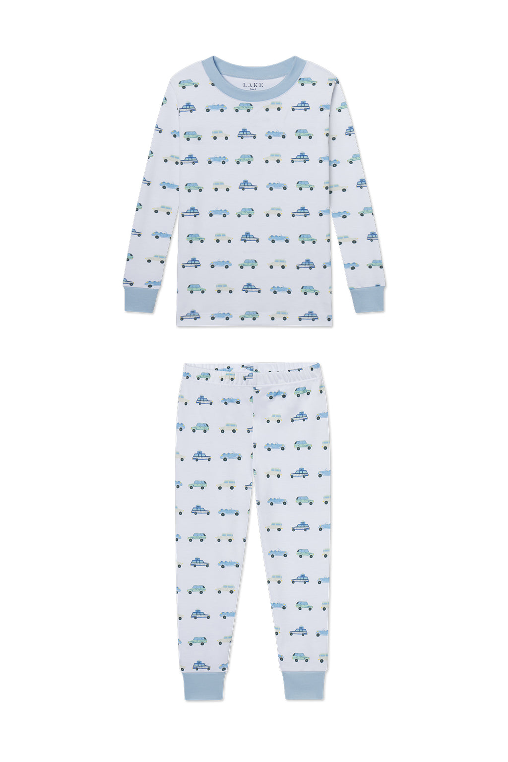 Kids Long-Long Set in Off Road Cruisers, made from soft Pima cotton, features a blue vintage car pattern on white with blue trim.
