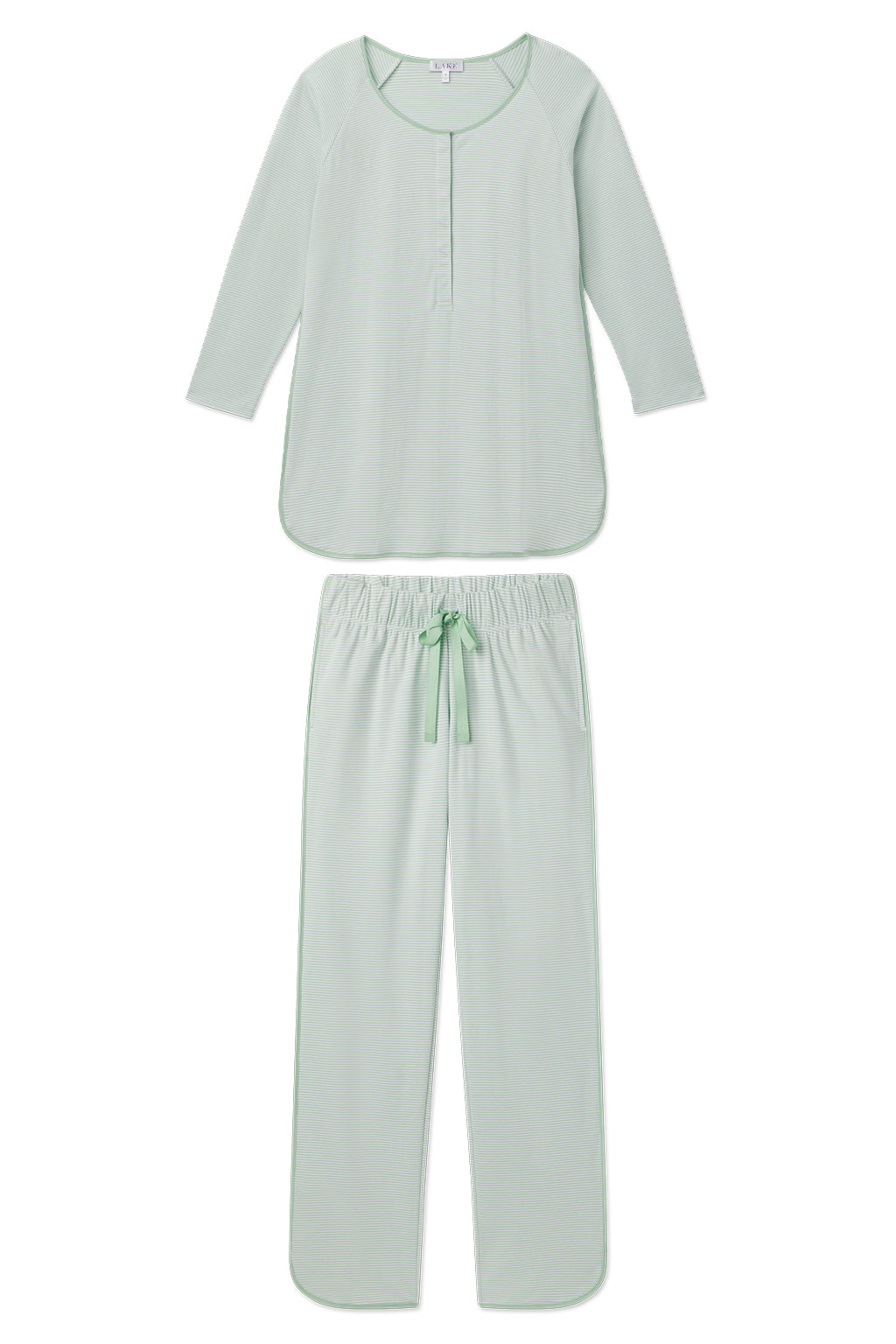 The Pima Maternity Long-Long Set in Parisian Green features a light green, long-sleeve button-up top and matching relaxed-fit pants with an elastic waistband, drawstring, and side pockets, all made from 100% Pima cotton.