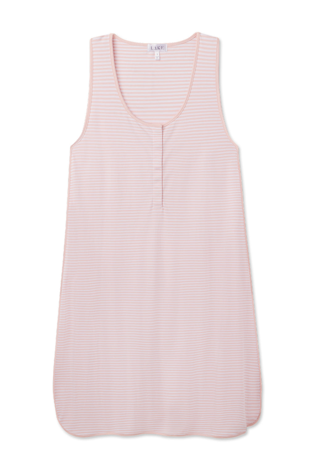 The Pima Maternity Tank Gown in English Rose Stripe features a sleeveless design, light pink with white stripes, a rounded neckline, short front placket, loose fit, and curved hem for comfortable maternity nightwear.
