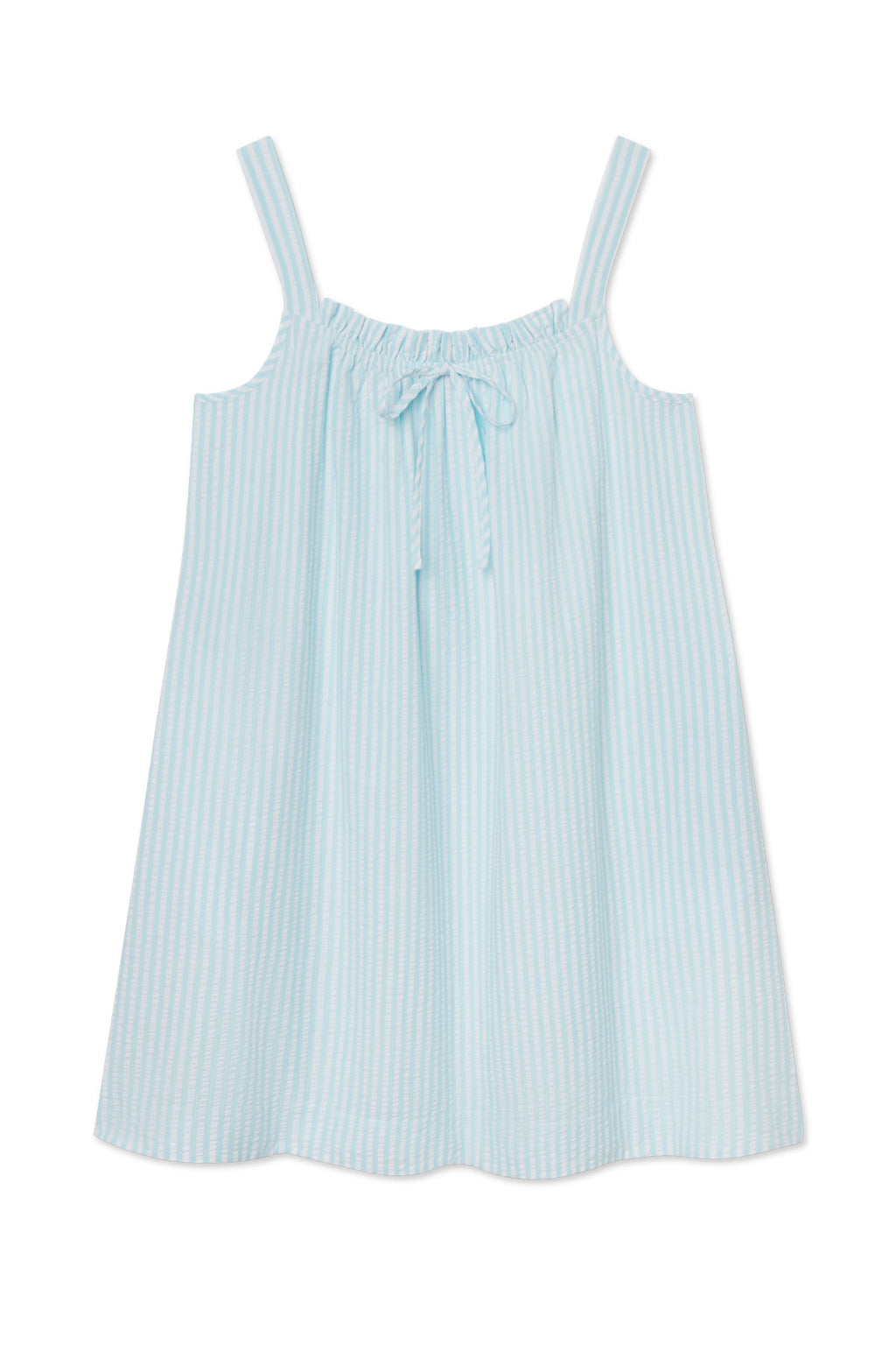 The Alice Nightgown in Salt Spray Seersucker is a light blue and white sleeveless dress featuring vertical stripes, shoulder straps, a gathered neckline, and a front bow for an airy, soft feel.