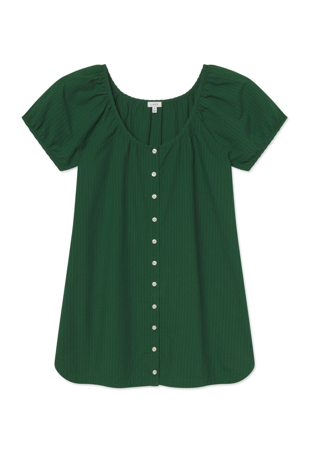 The Charlie Nightgown in Eden Seersucker is a short-sleeved, deep green blouse with a scoop neckline and white buttons down the front, shown flat on a white background.