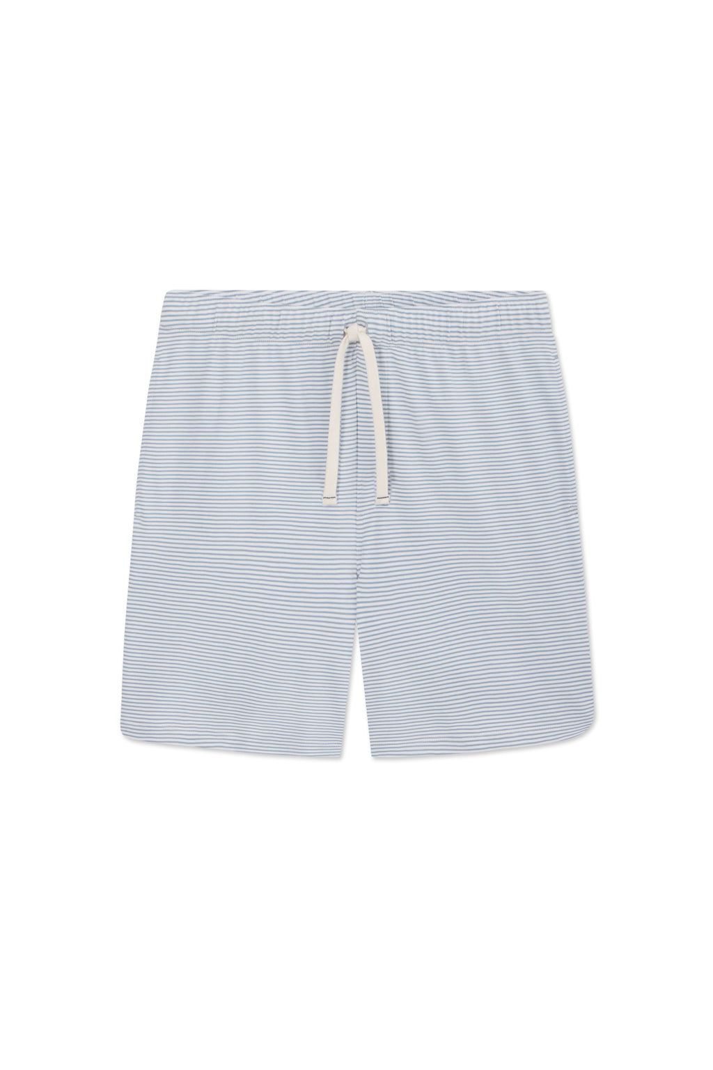 Mens Pima Sleep Shorts in Anchor Blue Bar Stripe, featuring an elastic waistband and white drawstring, crafted from soft Pima cotton, shown on a white background.