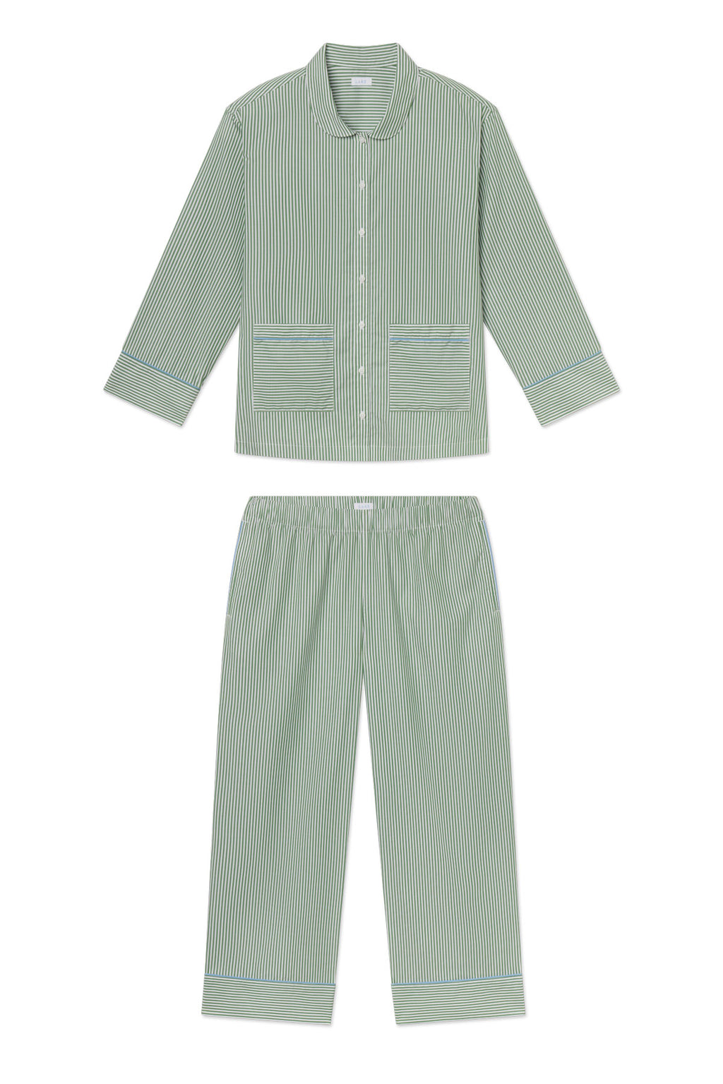 The Poplin Piped Long-Long Set in Palm Riviera Stripe features a long-sleeve button-up top with two front pockets and matching pants with an elastic waistband and cuffed hems.