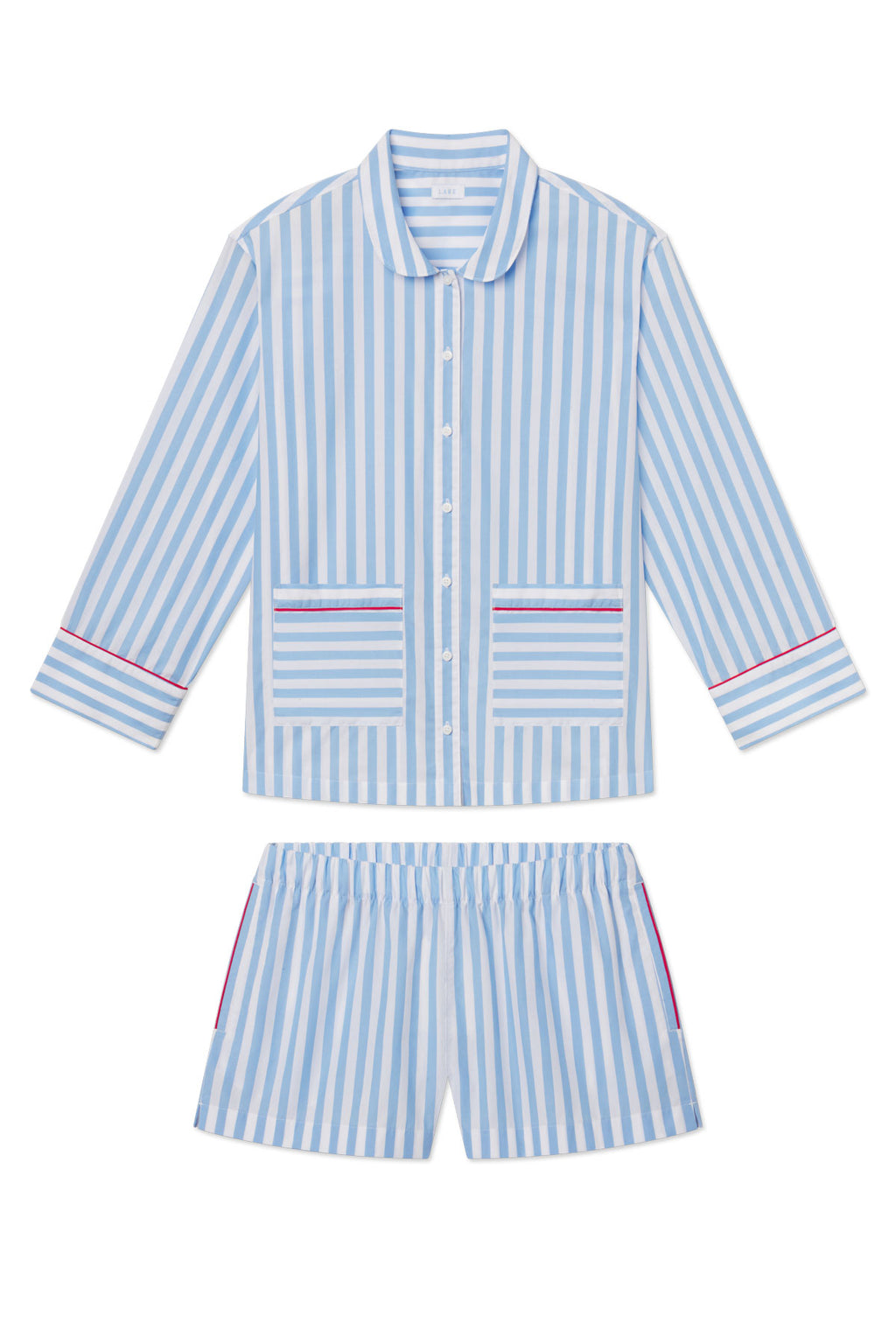 Stay stylish and comfy in the Poplin Piped Long-Short Set in Baltic Blue Beam Stripe, featuring a long-sleeve button-up shirt with front pockets, matching shorts, and thin red trim accents on the pockets and cuffs.