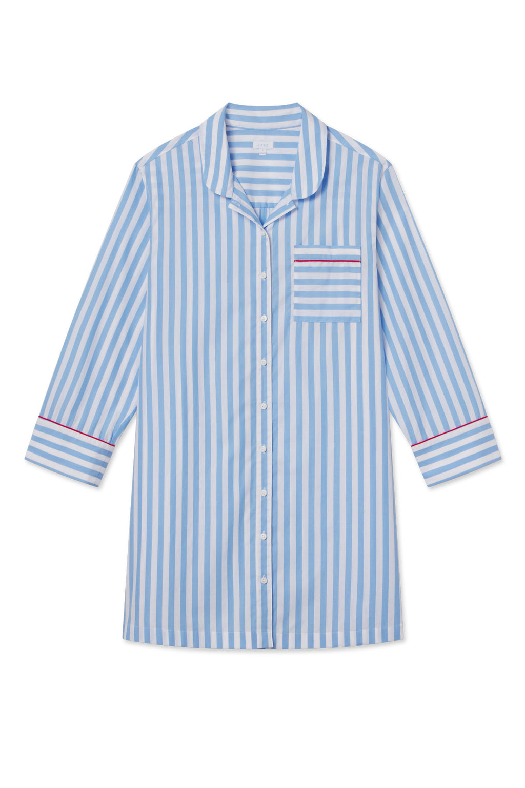 The Poplin Piped Nightgown in Baltic Blue Beam Stripe features a collared, long-sleeve design with front buttons, a chest pocket, and red and white trim on the pocket and cuffs for classic comfort.
