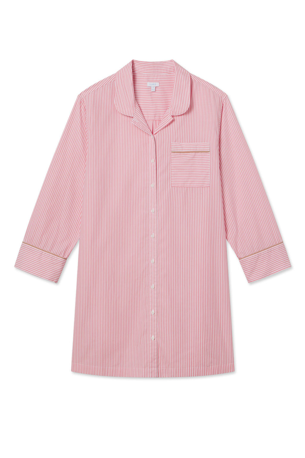 The Poplin Piped Nightgown in Gelato Riviera Stripe is a long-sleeved, button-up nightgown with pink and white vertical stripes, a notched collar, left chest pocket, and contrasting horizontal stripes on the cuffs.